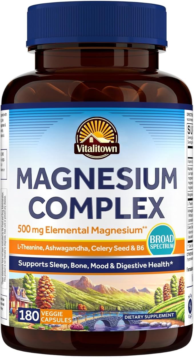 Vitalitown Magnesium Complex Supplement Magnesium Glycinate Citrate &amp Taurate L-theanine Ashwagandha Celery Seed Vitamin B6 Bone Mood Sleep Heart Health 180 Veggie Capsules