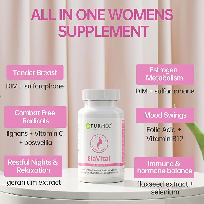 ElaVital Support Estrogen Dominance: Hormonal Imbalance PMS Breast Tenderness Mood Swings - DIM &amp Multivitamins Supplement for Women - Vegan Made in Germany 60ct