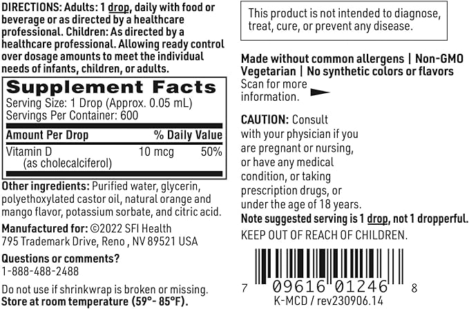 Klaire Labs SFI Health Micellized Vitamin D3 Liquid for Children Infants &amp Adults - 400 IU Vitamin D per Drop - Suitable for Kids - Immune Support - Mango Orange Flavor Drops (600 Servings / 1 fl