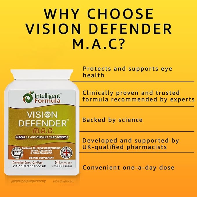 Vision Defender MAC Eye Supplement: Lutein Zeaxanthin &amp Meso-Zeaxanthin Triple Antioxidant Carotenoids for Eye Health and Eyesight (90 Capsules/One Capsule Daily) Made in UK
