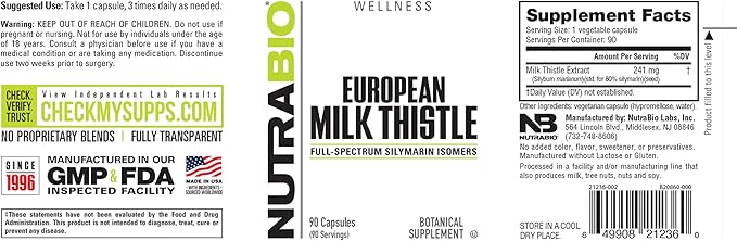 NutraBio European Milk Thistle Supplement 241mg - Supports Antioxidant Benefits and Wellness 90 Capsules 80% Silymarin Extract Herbal Supplement