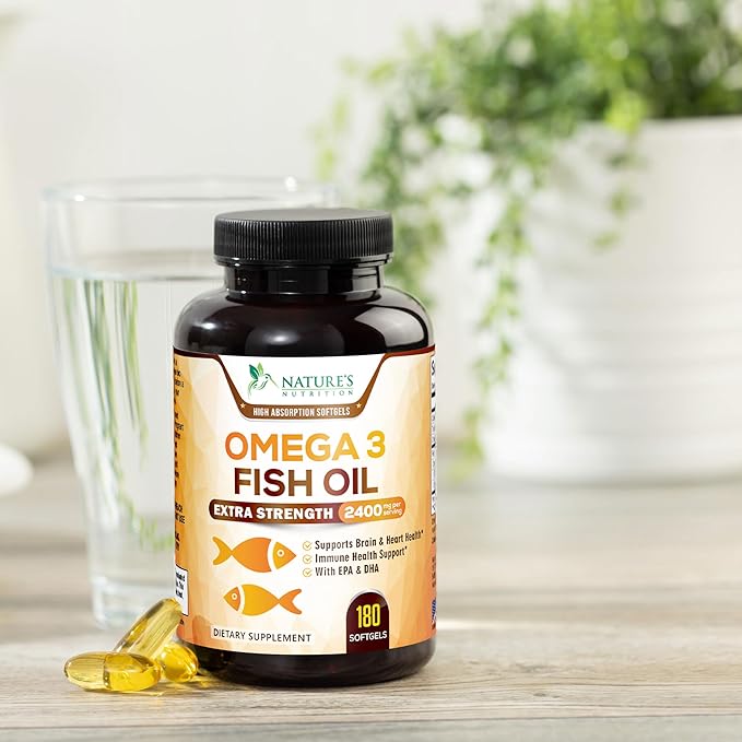 Omega 3 Fish Oil Supplements - 2400mg Fish Oil Per Serving - Triple Strength Omega-3 with EPA &amp DHA Fatty Acids - Natural Heart Brain &amp Immune Support - Wild Caught Bottled in USA - 180 Soft