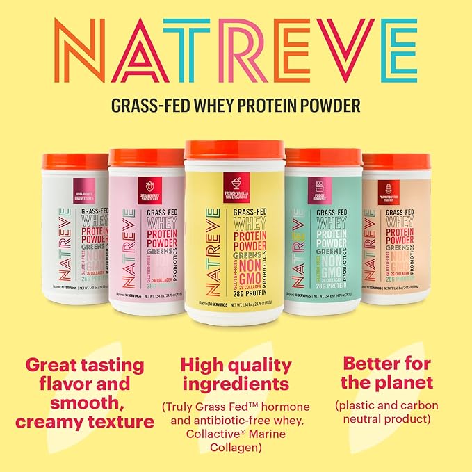 Natreve Whey Protein Powder - 28g Grass-Fed Whey Protein with Amino Acids Probiotics &amp Collagen - Gluten Free French Vanilla Wafer Sundae 18 Servings