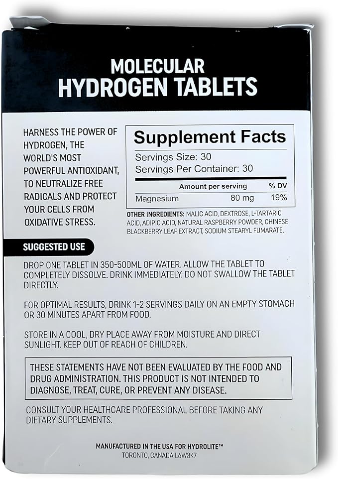 HydroLite Molecular Hydrogen Tablets for Drinking Water with Magnesium | Highest Concentration H2 12000 PPB | Energy Booster Enhance Performance &amp Recovery | Made in USA 30 Tablets (Raspberry)