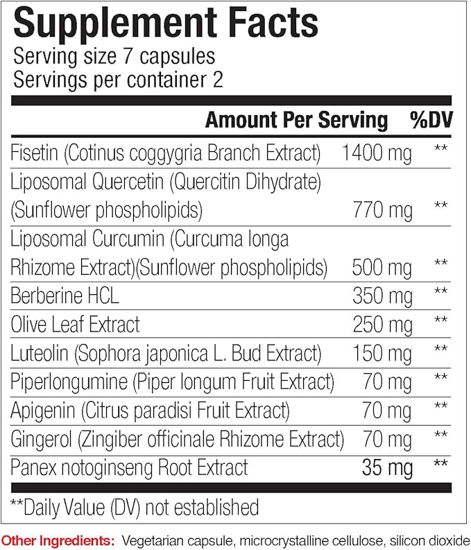 Senex 2 Day Senolytic Complex Supports Elimination of Senescient Cells Rejuvenation Anti-Aging with 10 Ingredients Including Fisetin Quercetin Apigenin Luteolin Piperlongumine ...