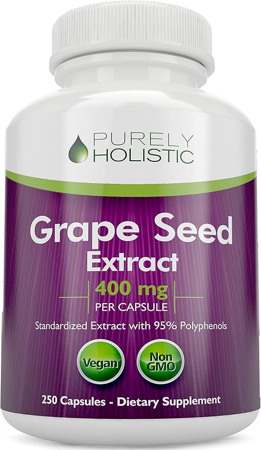 Purely Holistic Grape Seed Extract 20000mg - 250 Vegan Capsules - 8+ Month Supply - Standardized to 95% Polyphenols - 400 mg per Capsule - Maximum Strength Grapeseed - Non-GMO &amp Pesticide Free