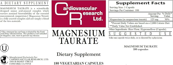Cardiovascular Research Magnesium Taurate 125 mg New Tamper Resistant Store and Ship Box 180 Count