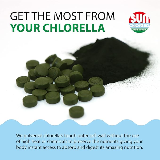 Sun Chlorella 200 mg Green Algae Superfood Supplement - Pulverized Cell Wall - Chlorophyll CGF Active B12 Iron Protein - Non-GMO - 300 Tablets