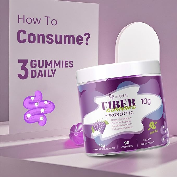 10G Fiber Gummies for Adults No Sugar Added Grape Flavor Fiber Supplement with 30 Billion CFU Probiotics Blend ACV Vitamin C Inulin Support Digestive Health 90 Count