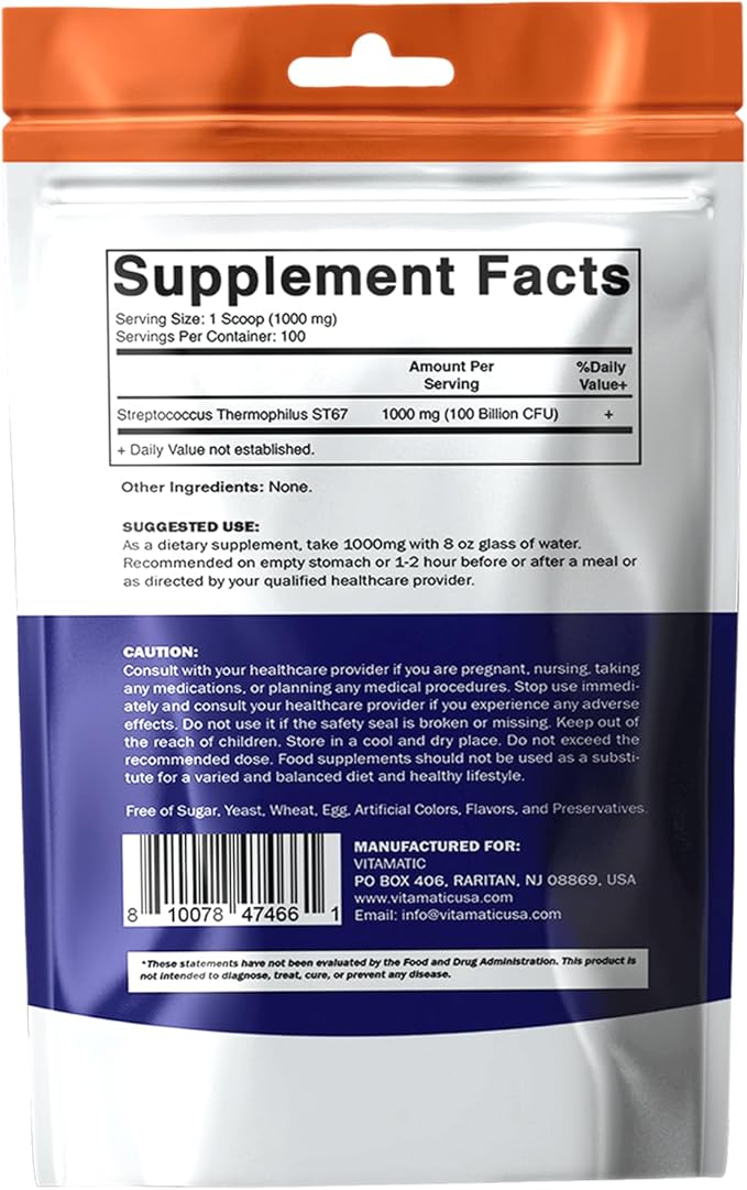 Vitamatic Streptococcus Thermophilus Probiotic Powder - Digestive Health Support - 100 Gram (3.5 OZ) - 100 Servings