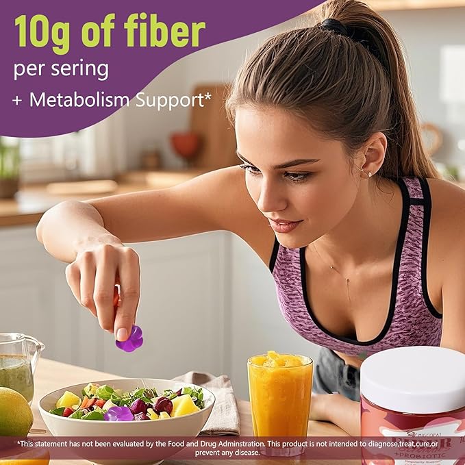 10G Fiber Gummies with 30 Billion CFU Probiotics Grape Flavor Bloating Support Fiber Supplement with Vitamin C ACV Inulin Sugar Free 180 Count
