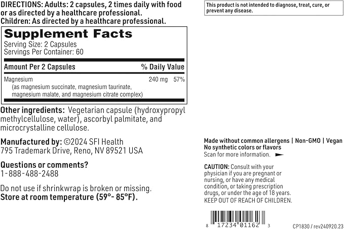 Klaire Labs SFI Health Mag Complete - Magnesium Complex Supplement - with Bioavailable Magnesium Succinate Taurinate Malate &amp Citrate - Support A Healthy Heart Energy &amp Nerves (120 Capsules