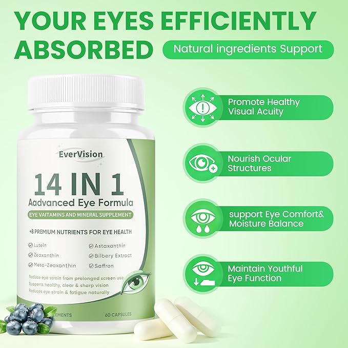 14 in 1 Advanced Eye Formula Eye Supplement with Lutein Zeaxanthin Vision &amp Focus Suitable for Adults and Seniors Support 60 Capsules (1)