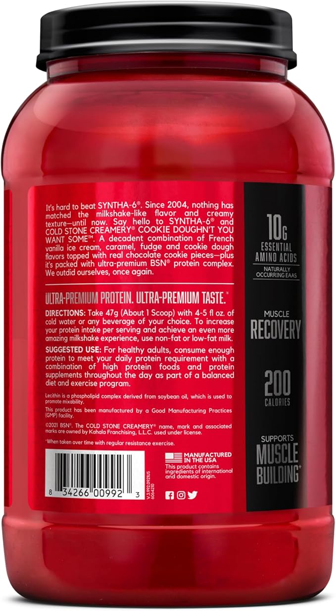 BSN Syntha-6 Whey Protein Powder Cold Stone Creamery- Cookie Doughn't You Want Some Micellar Casein Milk Protein Isolate Powder 25 Servings