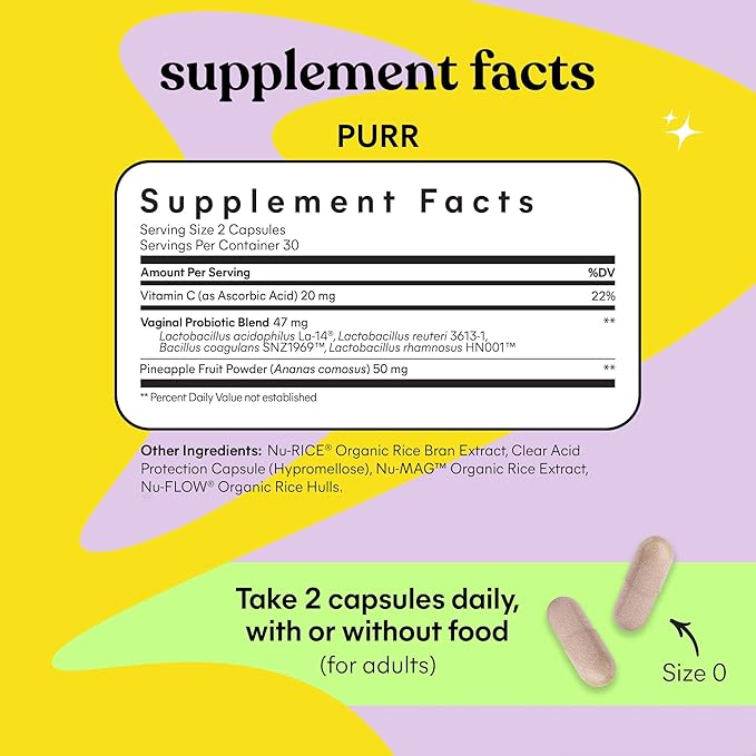 Lemme Purr Vaginal Probiotics for Women - Promotes pH Balance Healthy Vaginal Odor &amp Urinary Tract Health w/Lactobacillus Blend Clinically Tested Strains Pineapple &amp Vitamin C - 60 Veggie C