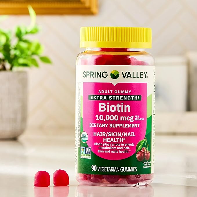 SUREFECT Spring Valley Extra Strength Biotin Gummies 10000mcg - 90 Count - Hair Skin &amp Nail Support - Cherry Flavor - Vegetarian Gluten-Free with Organizer