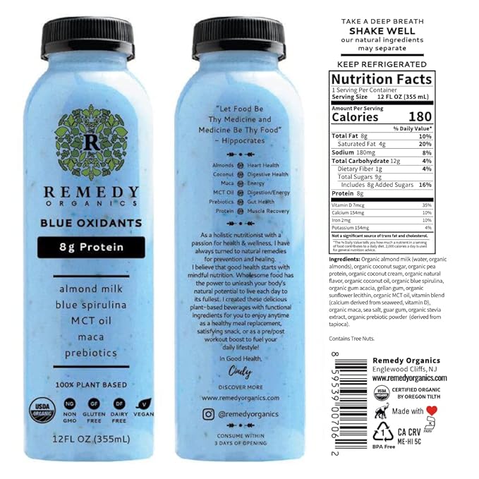 Remedy Organics Blue Essentials 12-Pack | Plant Based 8g Protein Shakes Ready to Drink | USDA Organic Gluten Free Dairy Free Soy Free