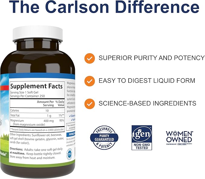 Carlson - Magnesium Gels 400 mg of Magnesium per Softgel Heart &amp Muscle Support Magnesium Gel Caps Bowel Function Magnesium Supplement 250 Softgels