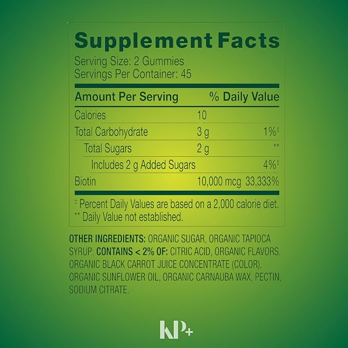 KP+ Biotin | Biotin10000 mcg Gummies Extra Strength | Supports Hair Skin &amp Nail Health | 90 Vegetarian Gummies | Cherry Flavor | Pack of 2