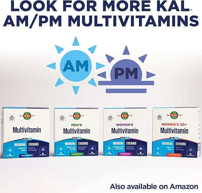 KAL Women's Multivitamin AM/PM 2-in-1 Multivitamins for Women with Ashwagandha Silica Organic Spirulina and GABA for Cellular Energy Bone Strength Immune Support Vegan 30 Servings 120 Tablets