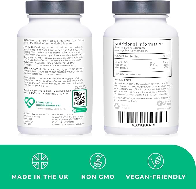 Magnesium Seven | 7 Forms of Magnesium in One - Glycinate Orotate Taurate Lactate Malate Citrate Sucrosomial | 120 Capsules 30 Day Supply | Manganese and Vitamin B6 for Absorption