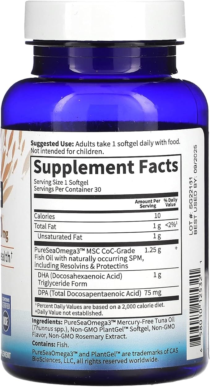 Garden of Life Dr. Formulated DHA 1000mg Fish Oil - Lemon Once Daily 1000mg DHA + DPA in Triglyceride Form Single Source Omega 3 Supplement for Ultimate Eye Brain &amp Heart Health 30 Softgels