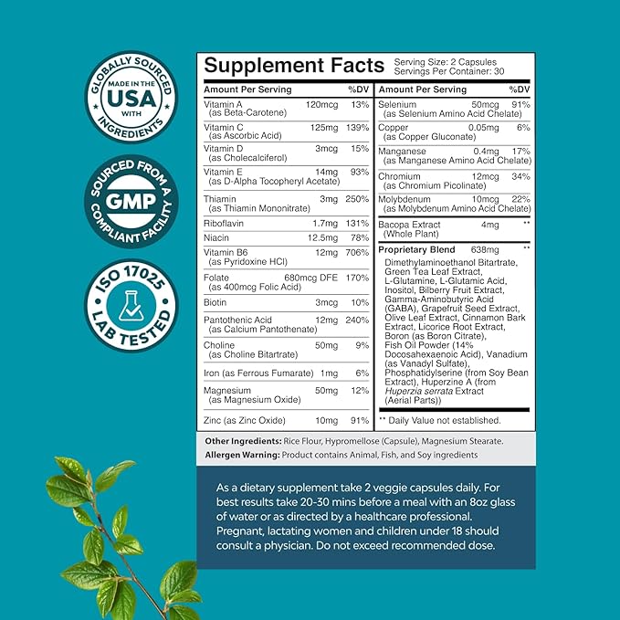 Bundle of Nootropic Brain Supplement for Mental Health &amp Clarity with VIT A B6 Riboflavin Niacin Thiamin Folate and Advanced Lion's Mane Mushroom Supplement - Brain Health Memory Support &amp