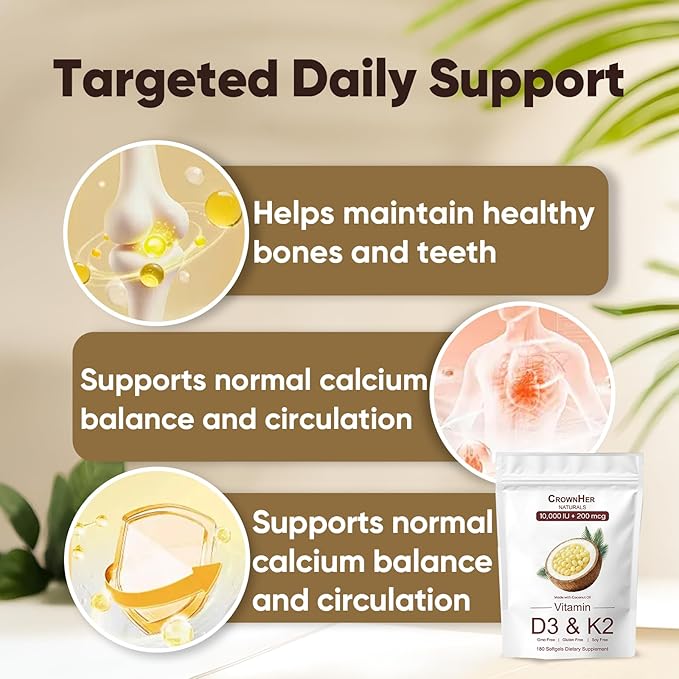 Naturals D3 K2 Vitamin d3 k2 10000 IU+ K2 200 mcg MK-7 Coconut Oil Extra Strength Bone &amp Immune Support 180 Softgels