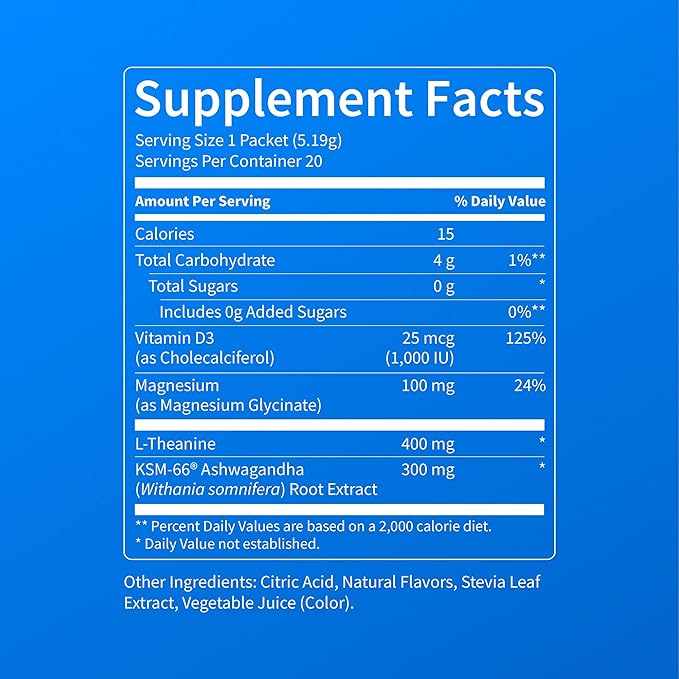 Nello Supercalm Powdered Drink Mix Cortisol Reducer* Sleep Aid Supplement L Theanine Ksm-66 Ashwagandha Magnesium Glycinate Vitamin D 3 No Sugar Non GMO 20 Ct BlackBerry Lemonade