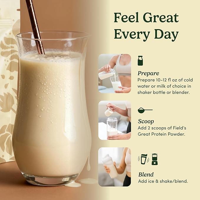 Field's Great Plant-Based Protein with Fiber for Muscle Maintenance Vegan Protein Powder Whey Free Gluten Free Dairy Free - 30g of Protein and 5g Fiber in Each Serving (Vanilla -4 Pack)
