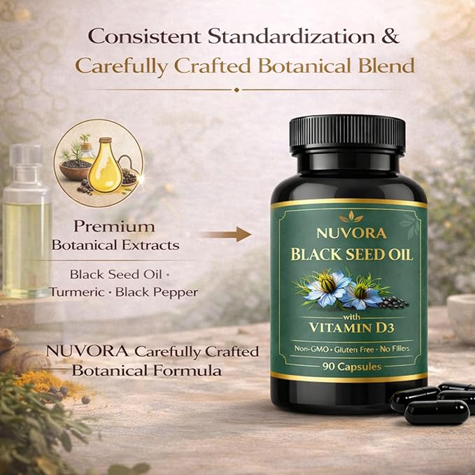 Nuvora Black Seed Oil1000mg with Turmeric &amp Black Pepper Extract Standardized 5% Thymoquinone Supports Overall Wellness &amp Antioxidant Health Non-GMO Gluten Free 90 Softgels (1PC)