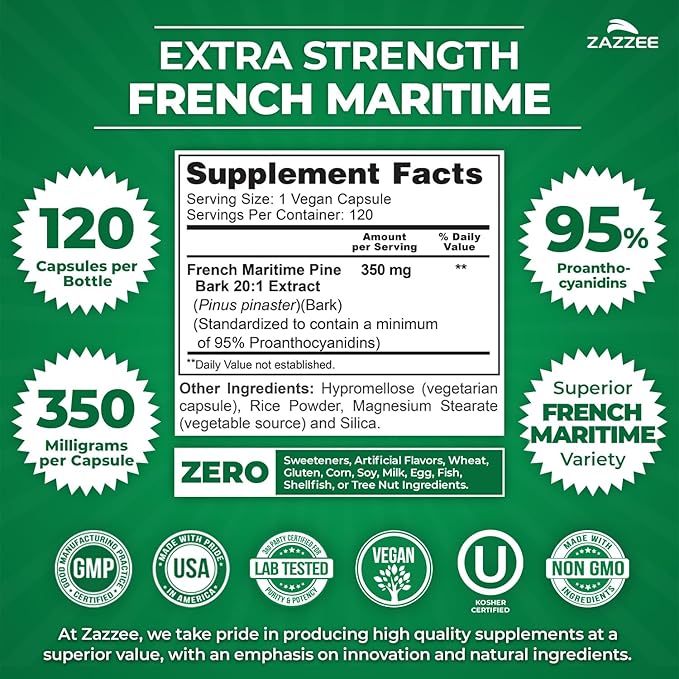 Zazzee Extra Strength French Maritime Pine Bark Extract 20:1 350 mg Per Capsule 95% Proanthocyanidins 120 Vegan Capsules 4 Month Supply Certified Kosher Antioxidant Support Non-GMO Made in USA