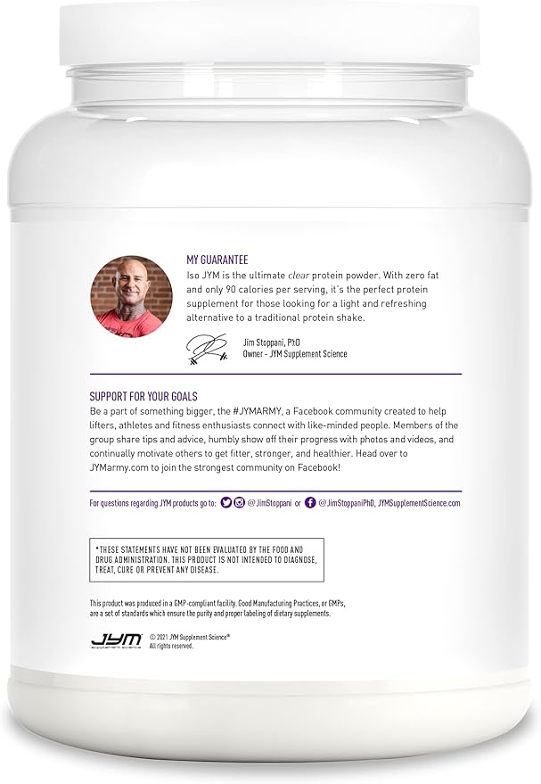 JYM Supplement Science Iso JYM Grape 90 Calories 100% Whey Protein Isolate Zero Fat Zero Sugars Mixes Clear for Women &amp Men 20 Servings