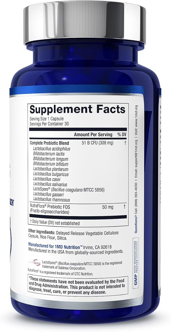 1MD Complete Probiotics Platinum | Supports Digestive Health | with Nourishing Prebiotics 51 Billion Live CFU 11 Strains Dairy-Free | 30 Vegetable Capsules (3-Pack)