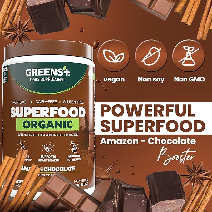 Greens+ Plus Organic Superfood Amazon Chocolate Boost Energy Essential Blend of Raw Foods Non GMO Gluten Free USDA Organic and Vegan Powder 8.46 oz