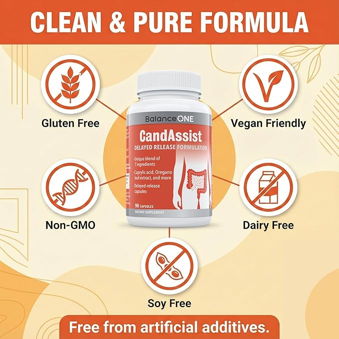 Balance ONE Candida Cleanse &amp Yeast Support Complex – Caprylic Acid Undecylenic Acid Berberine &amp Oregano Leaf – Gut Flora Balance for Women &amp Men – 90 Delayed Release Capsules – CandAssi