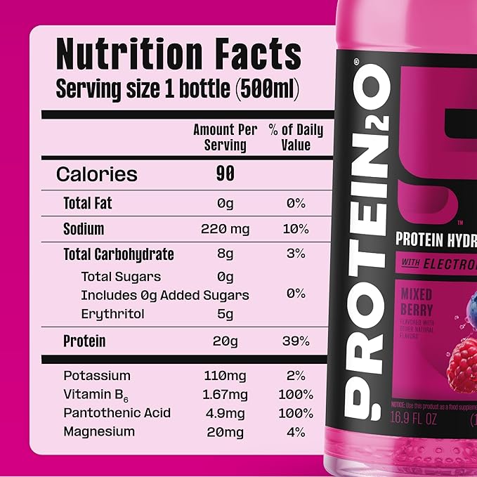 Protein2o Hydration Drink - 2-in-1 Liquid Clear Whey Protein Isolate and Electrolyte Drink - 20g Protein Vitamins B5 B6 - Post-Workout Recovery - 16.9 Fl Oz - 12 Count Mixed Berry