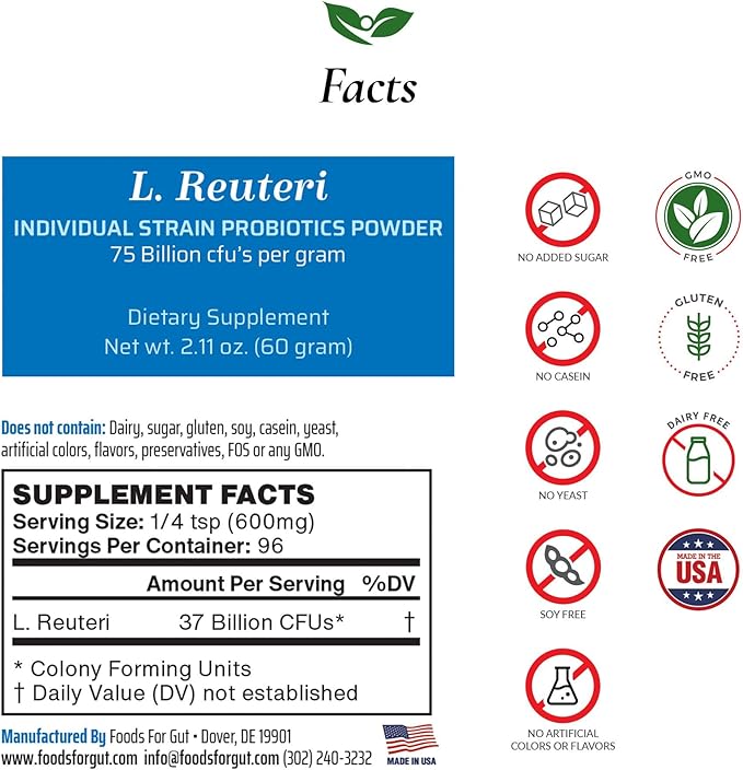 Lactobacillus Reuteri Probiotic Powder 75 Billion cfu's | Made in USA | No Additives | Direct from Manufacturer | No Third-Party Storage | Digestive &amp Immune Support | L. Reuteri | 60 Grams (2.11