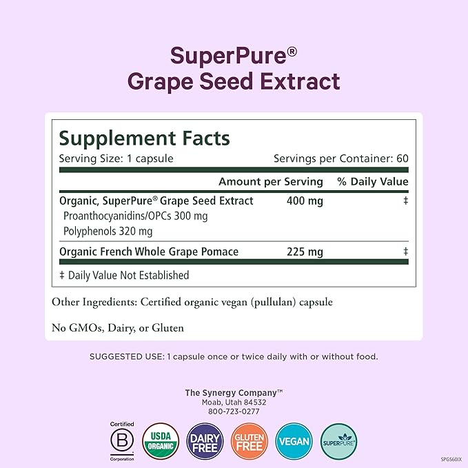Pure Synergy SuperPure Grape Seed Extract | Organic Grape Seed Polyphenols Supplement with Whole Fruit | for Heart Health Skin and Healthy Aging Support (60 Capsules)