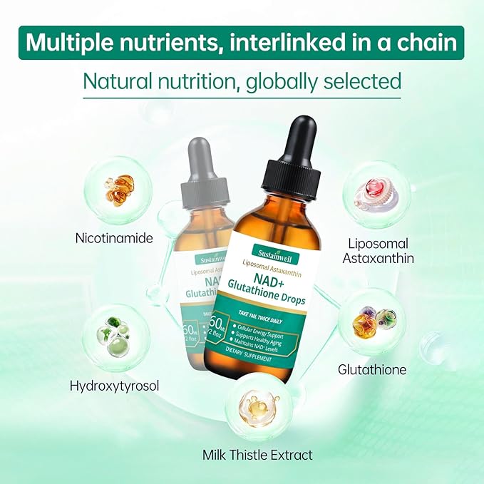 NAD+ Glutathione Liquid Drops with Liposomal Astaxanthin - Supports Cellular Energy Dual Antioxidant Action Healthy Aging - Fast Absorption High Bioavailability Vegan 2.04 Fl Oz