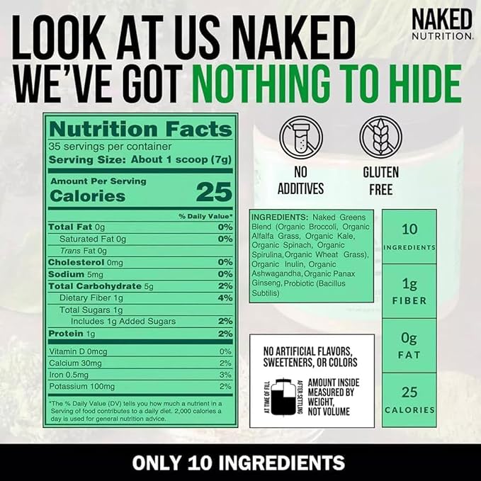 NAKED Super Greens Powder Organic Greens Supplement - Only 10 Premium Ingredients - Vegan Non-GMO Prebiotic and Probiotic - 35 Servings