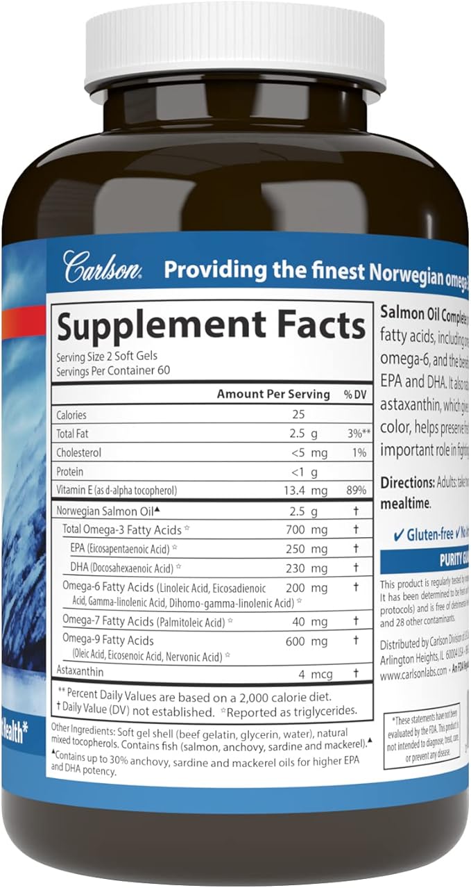 Carlson - Salmon Oil Complete 700 mg Omega-3s + Astaxanthin Cardiovascular Support Brain Function &amp Joint Health 120 soft gels