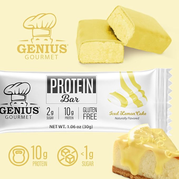 Genius Gourmet Protein Bar Iced Lemon Cake Keto Snack Low Carb Low Sugar &amp Gluten Free Protein Snacks for Adults 10G of Whey Protein per Protein Bar 5 Net Carbs 10 Count