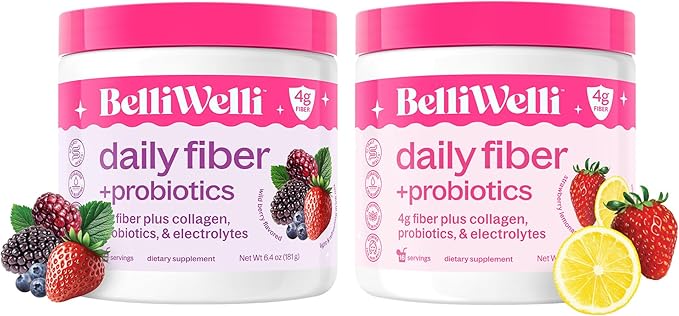 Belli Welli Daily Fiber Supplement Bundle with Collagen Probiotics &amp Electrolytes – Strawberry Lemonade &amp Wild Berry Flavors – Supports Digestion Gut Balance &amp Debloating – 32 Servings