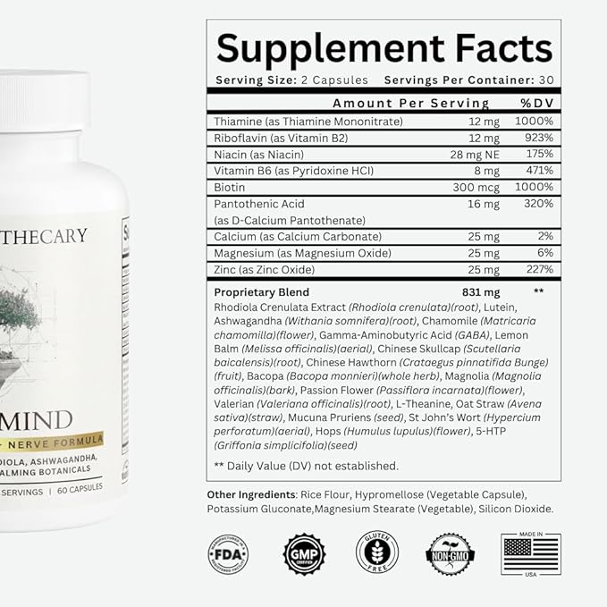 Calm Mind Stress Support Supplement with Ashwagandha GABA L-Theanine 5-HTP Rhodiola B-Vitamins Magnesium - 24 Ingredients - 60 Capsules