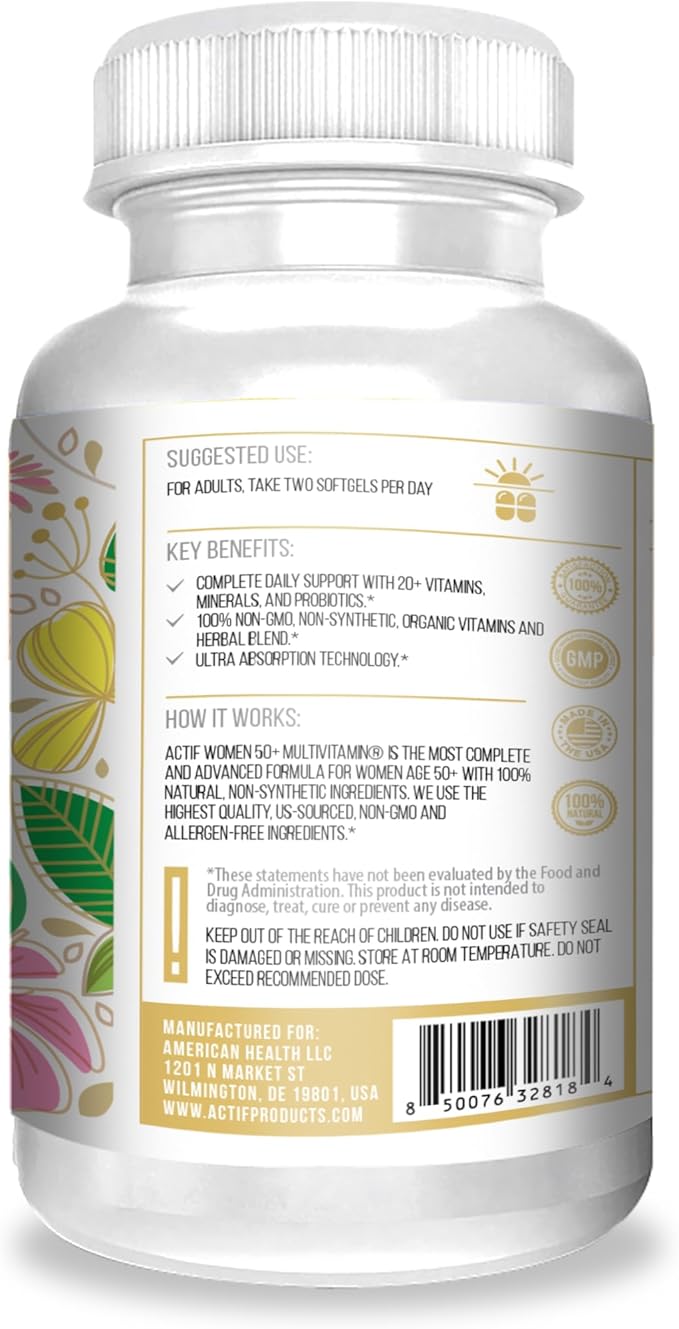ACTIF Organic Multivitamin for Women Age 50+ with 20+ Advanced Factors and Omega-3 Non-GMO Made in USA 90 Count