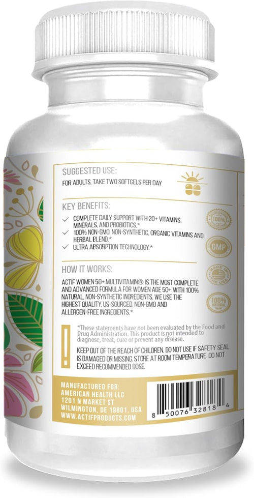 ACTIF Organic Multivitamin for Women Age 50+ with 20+ Advanced Factors and Omega-3 Non-GMO Made in USA 90 Count