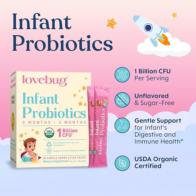 LOVEBUG Infant Probiotics 0-6 Months - USDA Organic Probiotics for Babies Supports Baby Gas Colic Diarrhea and Newborn Constipation Relief Allergen &amp Sugar Free Tasteless Powder 30 Pack