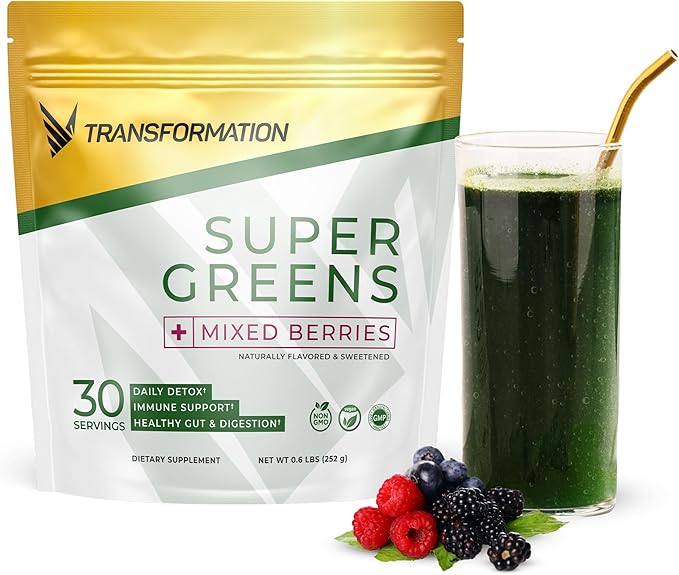 Transformation Super Greens Superfood Green Juice Powder - Immune &amp Energy Support | Natural Ingredients | Detoxifying &amp Alkalizing Minerals - Spirulina Chlorella Wheatgrass Spinach Alfalf