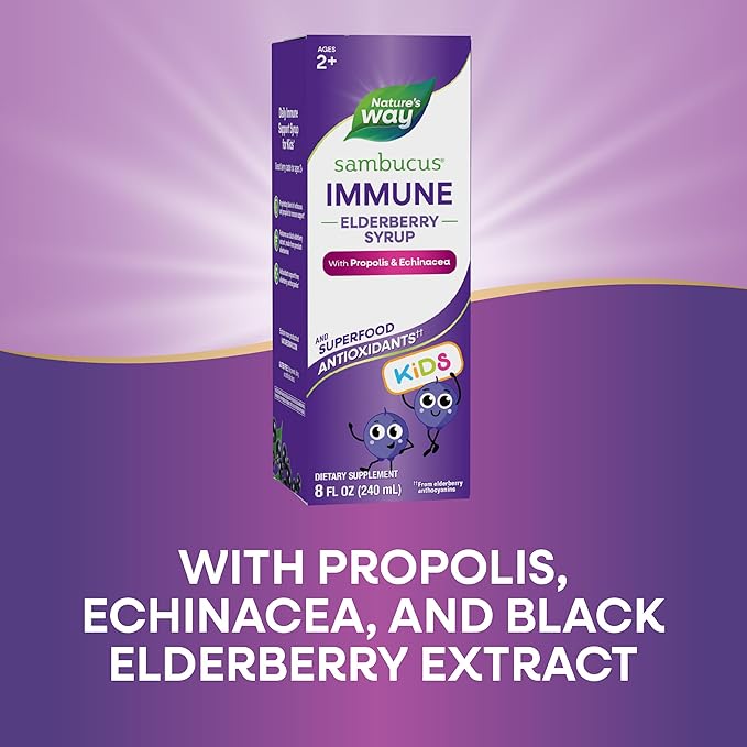 Nature's Way Sambucus Elderberry Immune Syrup for Kids Ages 2+ Echinacea &amp Propolis with Superfood Antioxidants(1) Immune Support Syrup* Vegetarian Berry Flavored 8 Fl Oz